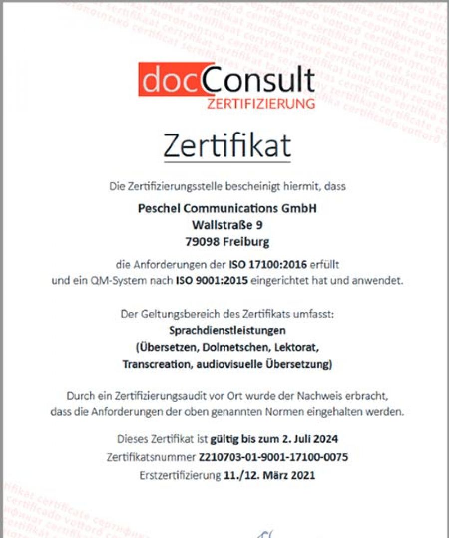 Certificate Peschel Communications
